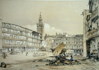 Plaza de San Francisco, Sewilla, ze „Sketches of Spain”, ryty przez Charlesa Josepha Hullmandela (1789-1850), opublikowana w 1836 (kolor lito) autorstwa John Frederick (after) Lewis