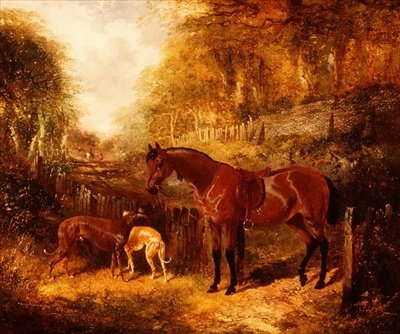Osiodłany kucyk gniady i charty w zalesionym krajobrazie rzeki autorstwa John Frederick Herring Jnr