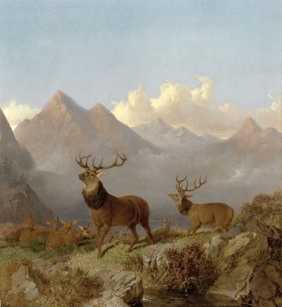 Jelenie i łapy w górskim krajobrazie, 1864 autorstwa John Frederick Herring Junior