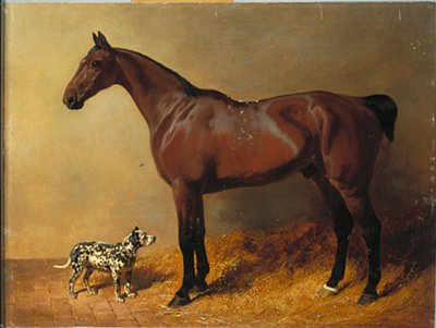 Bay Hunter i cętkowany pies w stajni, 1846 autorstwa John Frederick Herring Senior