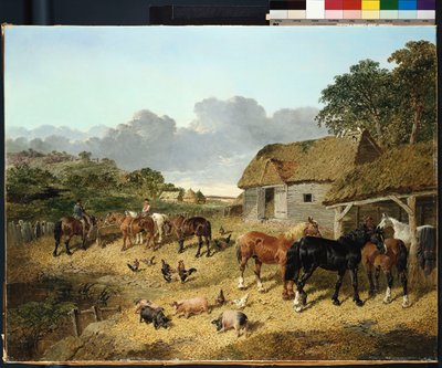 Konie pijące z poidła, ze świniami i kurczakami na podwórzu autorstwa John Frederick Herring Junior