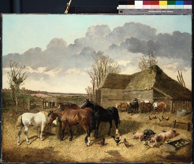 Konie jedzące ze żłobu, ze świniami i kurczakami na podwórzu autorstwa John Frederick Herring Junior