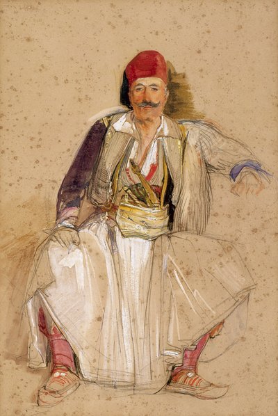 A Corfiote Warrior, Siedzący (akwarela na ołówku na białawym papierze) autorstwa John Frederick Lewis