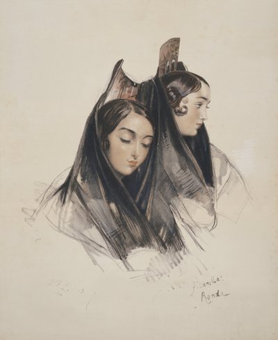 Dziewczyny z Ronda, Andaluzja, tablica 11 ze Szkiców Hiszpanii, rytowana przez Charlesa Josepha Hullmandela (1789-1850) opublikowana w 1836 r. autorstwa John Frederick Lewis