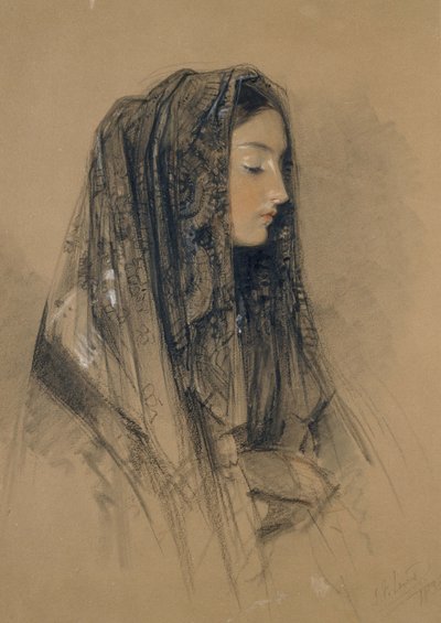 Głowa włoskiej dziewczyny w mantylii, 1838 (czerwono-czarna kreda i indyjski tusz z akwarelami i farbami do ciała na buff board) autorstwa John Frederick Lewis