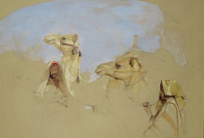 Studium wielbłądów z Beduińskimi kierowcami na pustyni Synaj (ołówek, toaleta i gwasz na papierze) autorstwa John Frederick Lewis