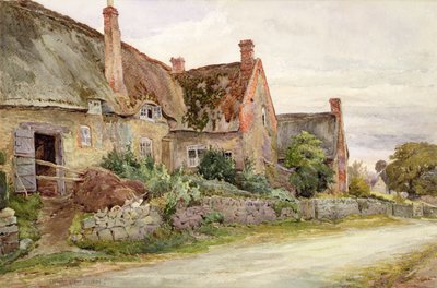 Domek kryty strzechą z przylegającą stodołą, 1881 (wc i grafit na papierze) autorstwa John Fulleylove