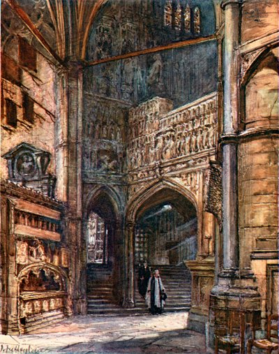 Północne ambulatorium, pokazujące schody prowadzące do kaplicy Henryka VII (kolorowa litografia) autorstwa John Fulleylove