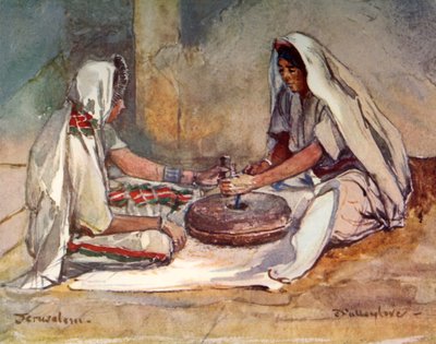 Dwie kobiety mielące w młynku ręcznym, 1902. autorstwa John Fulleylove