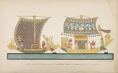 Łodzie z kolorowymi żaglami, z Grobowca Ramzesa III w Tebach, ilustracja z "Maniery i zwyczaje starożytnych Egipcjan...", 1837-41 autorstwa John Gardner Wilkinson