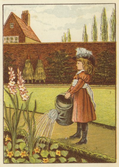 Dziewczyna podlewa ogródek (kolor lito) autorstwa John George (after) Sowerby