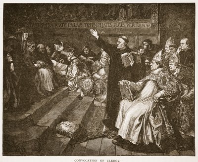 Zwołanie duchowieństwa, ilustracja z „Kościoła anglikańskiego: historia dla ludu” autorstwa H.D.M. Spence-Jones, wyd. ok. 1910 (zdjęcie w sepii) autorstwa John Gilbert