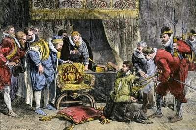 Guy Fawkes przed królem Anglii Jakubem I po spisku prochowym 5 listopada 1605 r. XIX wiek (rycina) autorstwa John Gilbert