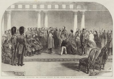 Jej Wysokość przeprowadza inspekcję Rannych Strażników w Wielkiej Sali Pałacu Buckingham autorstwa John Gilbert