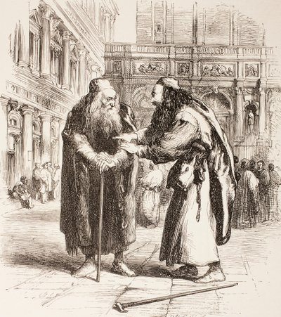 Ilustracja do Kupca weneckiego, Shylock i Tubal spotykają się na ulicy, Akt III, Scena I, z „The Illustrated Library Shakespeare”, wydanej w Londynie 1890 autorstwa John Gilbert