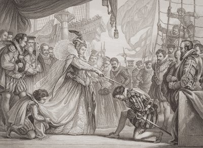 Królowa Elżbieta I (1530-1603) pasująca na rycerza Francisa Drake