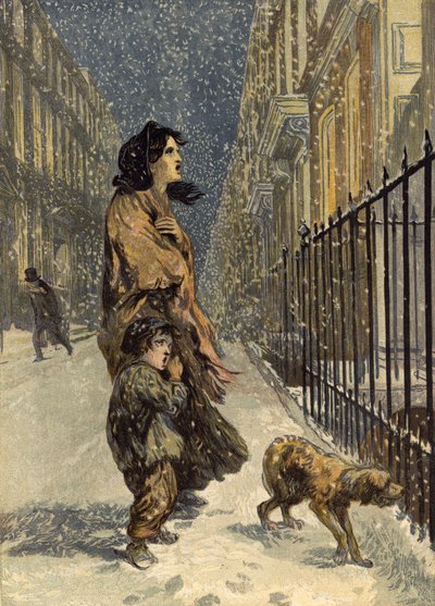 Bezdomni biedni, matka i dziecko z psem na śniegu (chromolitho) autorstwa John Gilbert
