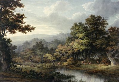 Leśna Polana z Basenem i Jeleniem (akwarela na papierze) autorstwa John Glover