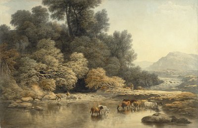 Pagórkowaty pejzaż z rzeką i bydłem, ok. 1810 (wc, grafit na papierze) autorstwa John Glover