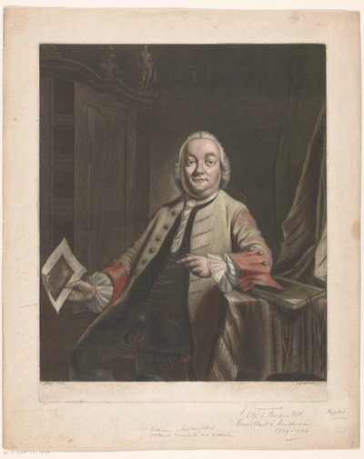Portret Simona Fokkego z w ręku odbitką plądrowania domu Gerrita Hagedoorena, 1751 autorstwa John Greenwood