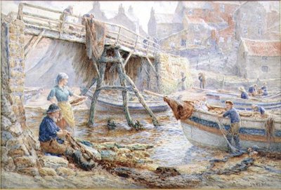 Reperowanie sieci, Staithes (akwarela) autorstwa John H. Parkyn