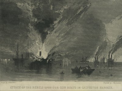 Atak rebeliantów na nasze kanonierki w porcie Galveston, ok. 1863 r. autorstwa John Hamilton