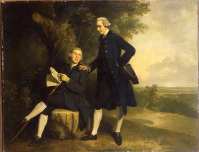 Podwójny portret kogutów Thomasa Somersa i Richarda Cocks z Castleditch, oba małe, pełnometrażowe, pierwszy w niebieskim płaszczu i kamizelce trzymającej czarny tricorn, drugi siedzący w niebieskim płaszczu i kamizelce trzymający rękopis, w krajobrazie, autorstwa John Hamilton Mortimer