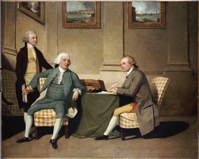Grupowy portret sierżanta sztabowego Bonfoya, jego syna i Johna Clementsona, senatora. autorstwa John Hamilton Mortimer