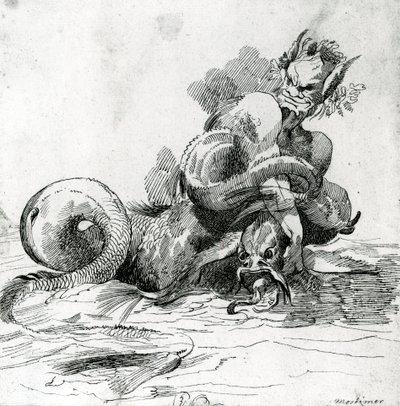 Ilustracja przedstawiająca potwora morskiego, XVIII w. autorstwa John Hamilton Mortimer