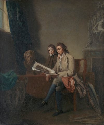 Portret mężczyzny i chłopca patrząc na grafiki autorstwa John Hamilton Mortimer