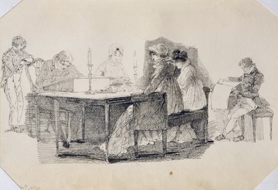 Wieczór w domu, 1804 (pióro i atrament na papierze) autorstwa John Harden
