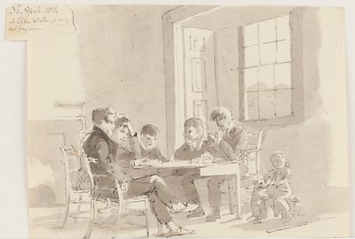 Chłopcy czytający w Storrs, Elterwater, 1814 (pióro i tusz, wash na papierze) autorstwa John Harden