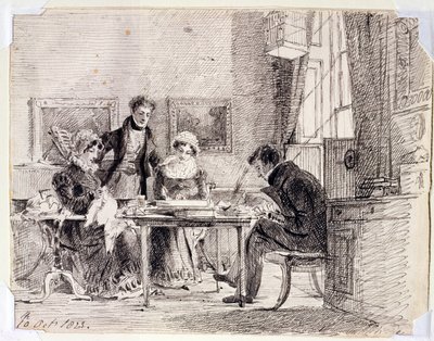 Rodzinne szycie i czytanie, 10.10.1823 (pióro i atrament na papierze) autorstwa John Harden