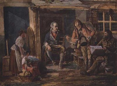 Grupa obejmująca żołnierza przed drzwiami chaty (akwarela na papierze) autorstwa John Harden