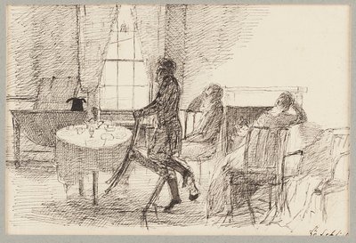 Wnętrze z figurami (pióro i tusz na papierze) autorstwa John Harden