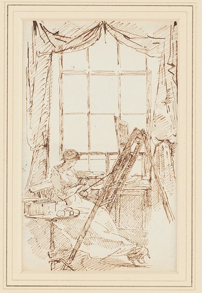 Jessy przy sztalugach (pióro i atrament na papierze) autorstwa John Harden