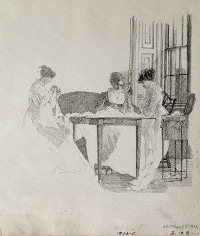 Szycie damskie, 1805 (pióro i tusz na papierze) autorstwa John Harden
