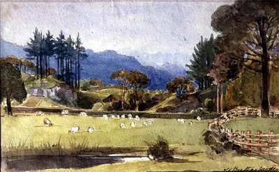 Langdale z północnego wybrzeża Windermere (akwarela na papierze) autorstwa John Harden