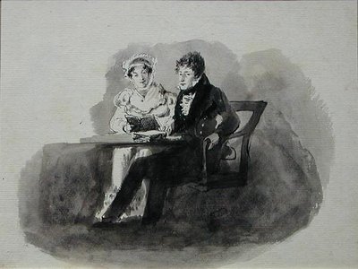 Kobieta i mężczyzna czytający (pióro i tusz na papierze) autorstwa John Harden