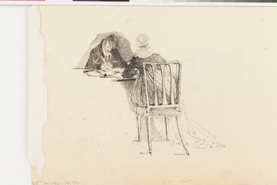 Mężczyzna i kobieta piszą przy stole (pióro i atrament na papierze) autorstwa John Harden