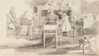 Mężczyzna przy fortepianie z trzema innymi siedzącymi (pióro i atrament z akwarelą na papierze) autorstwa John Harden