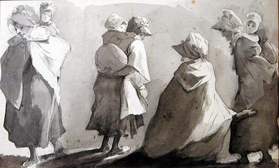 Matki niosące swoje dzieci (pióro i tusz do prania na papierze) autorstwa John Harden