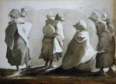 Chłopskie Kobiety i Dzieci (pióro i tusz do prania na papierze) autorstwa John Harden