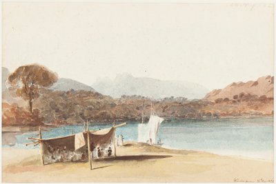Piknik pod zadaszeniem nad jeziorem Windermere, 1822 (wc na papierze) autorstwa John Harden