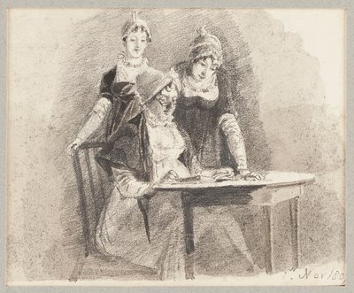 Ширээн дээр гурав, нэг сууж, 1807 (харандаа, цаасан дээр угаах)поли autorstwa John Harden