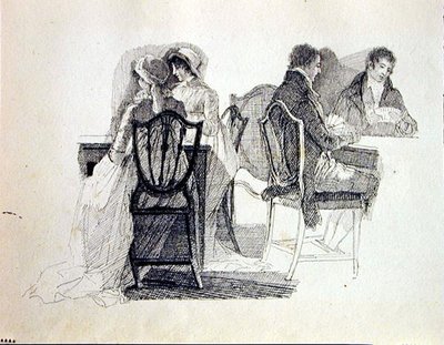 Dwie grupy we wnętrzu (tusz na papierze) autorstwa John Harden