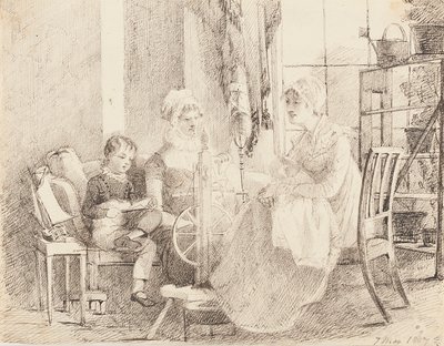 Kobiety przy kole przędzalniczym i chłopiec z zabawkową łódką, 1807 autorstwa John Harden