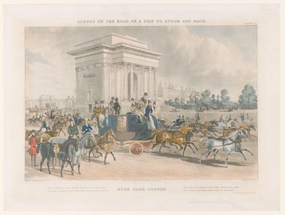 Widok na ulicę i łuk Wellingtona w Hyde Park Corner Hye Park Corner (tytuł na obiekcie) Pejzaże uliczne wokół Epsom (tytuł serii) Sceny w drodze, czyli wycieczka do Epsom i z powrotem (tytuł serialu) autorstwa John Harris