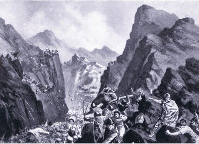 Zagłada armii greckiej, ilustracja z Hutchinsons History of the Nations VOL 4 c.1920s autorstwa John Harris Valda