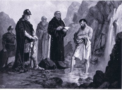 Chrzest Borysa I, ilustracja z Historii Narodów Hutchinsonów TOM 4 ok. 1920 r. autorstwa John Harris Valda